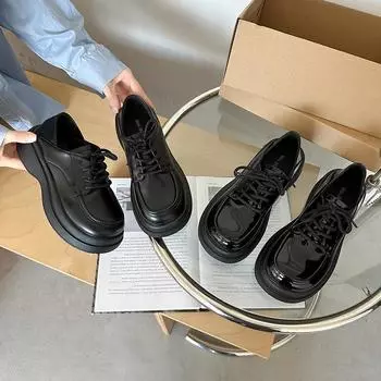 Модные женские мокасины с толстой подошвой, с круглым носком, черные туфли-оксфорды на плоской подошве, универсальные туфли в британском стиле, новые кожаные туфли в студенческом стиле 35