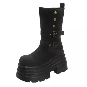 Модные женские мотоциклетные ботинки на платформе 10 см, панк-ботинки с заклепками и пряжками, боевые ботинки для женщин, толстые танкетки, сапоги до середины голени 35 чёрный