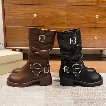 Модные женские мотоциклетные ботинки с пряжкой, круглые носки, средний каблук, ботильоны, женская обувь из искусственной кожи, квадратный каблук, осенняя обувь на платформе 35