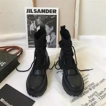 Модные женские мотоциклетные ботинки, женские повседневные носки из эластичной ткани, модные женские туфли с перекрестными шнурками на платформе, готические ботинки 2024 35 чёрный