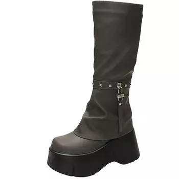 модные женские мотоциклетные длинные сапоги осень-зима теплые сапоги до колена кожаные ботильоны женские толстые подошвы на платформе Botas Mujer высокие каблуки 34 зелёный