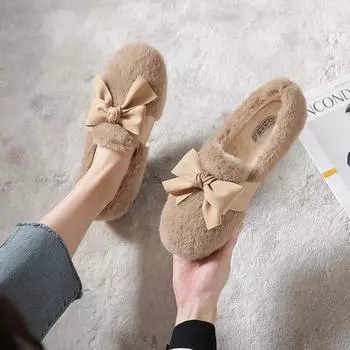 Модные женские мягкие туфли. Носите зимние сапоги на улице зимой. Модные меховые теплые мокасины с бантом. Большие размеры 41-43. 35 слоновая кость