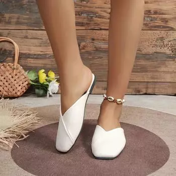 Модные женские мюли 2024 года, летние элегантные квадратные закрытые тапочки на плоской подошве, женские туфли, повседневные кожаные черно-белые шлепанцы, большие размеры 35-43 35