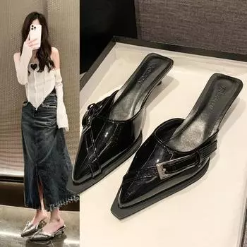 Модные женские мюли, летние тапочки, готические дизайнерские туфли, золотистые каблуки, сексуальные босоножки, элегантные туфли на среднем каблуке для вечеринок с острым носком и пряжкой 35 золотой