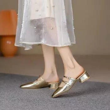 модные женские мюли на среднем каблуке повседневные 2024 новые роскошные формальные сандалии новые шлепанцы на каблуке-ремешке женские тапочки на высоком каблуке 35 золотой