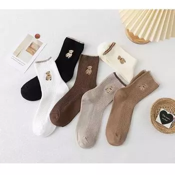 Модные женские носки средней длины с изображением медведя — дышащий, впитывающий пот мультяшный хлопок для весны и осени Stripes, One Size верблюд