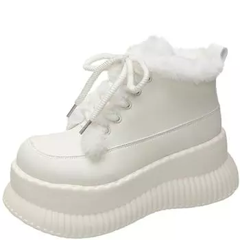 Модные женские новинки 2024 года, зимние плюшевые зимние ботинки, высокие туфли на танкетке 8 см, толстые кроссовки, теплые меховые кожаные ботильоны для женщин 34 чёрный