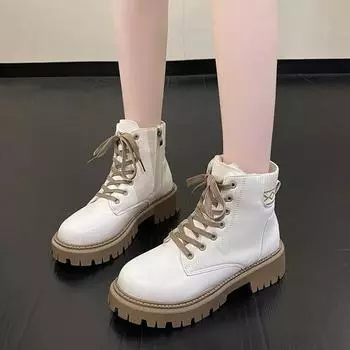 Модные женские новые ботильоны Зимние повседневные женские бежевые ботинки челси на толстом каблуке Панк Готическая обувь кожаные армейские ботинки 35