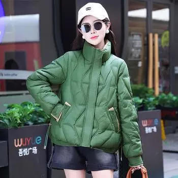 Модные женские новые короткие пуховые хлопковые куртки, легкие зимние стеганые куртки, воротник-стойка в иностранном стиле, тонкие и утолщенные куртки. M чёрный