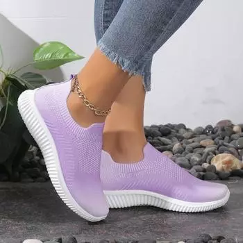 Модные женские новые однотонные повседневные дышащие эластичные трикотажные кроссовки без застежек 35 чёрный