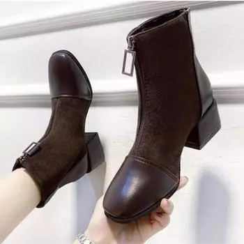 Модные женские новые осенне-зимние ботинки в стиле пэчворк с квадратным верхом и модной застежкой-молнией спереди P409 35 коричневый