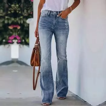 Модные женские облегающие расклешенные повседневные синие джинсы с высокой талией и карманами XL синий