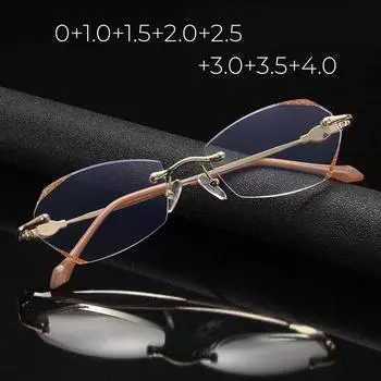Модные женские очки для чтения без оправы, унисекс, очки с алмазной огранкой для пресбиопии, синий свет, блокирующие дальнозоркость, очки 1.0 золотой