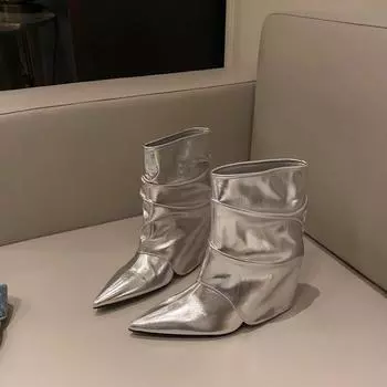 Модные женские одинарные ботинки на низком каблуке, зимние, новые, с острыми рукавами, противоскользящие, износостойкие, удобные, короткие ботинки 35 серебряный