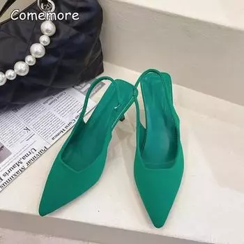 Модные женские однотонные босоножки на тонком каблуке, простые синие туфли-лодочки с открытой пяткой, лето 2024, элегантные туфли на высоком каблуке с острым носком, 40 39 хаки