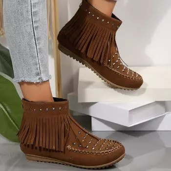 Модные женские однотонные ботильоны - роскошная плюшевая подкладка с пряжкой и кисточками - идеально подходят для зимы, круглый носок 35 бежевый