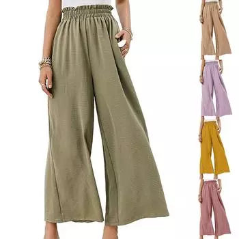 Модные женские однотонные хлопковые и льняные широкие брюки с высокой талией, свободные повседневные брюки S