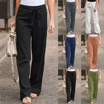 Модные женские однотонные хлопковые льняные прямые повседневные длинные брюки с поясом, брюки