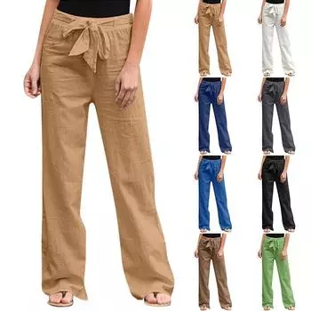 Модные женские однотонные хлопковые льняные прямые повседневные длинные брюки с поясом, брюки L чёрный