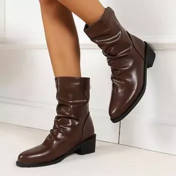 Модные женские однотонные лакированные кожаные плиссированные ботильоны Модные нескользящие женские ботинки на толстом каблуке Большой размер 43 Офисные короткие ботинки Mujer 35 чёрный