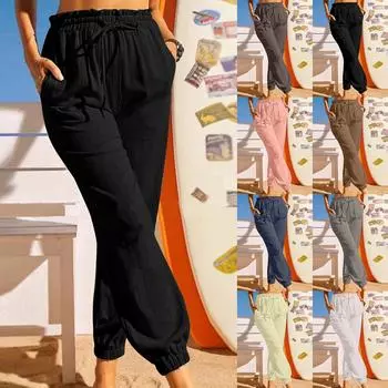 Модные женские однотонные леггинсы из конопли и хлопка с рюшами на шнуровке, эластичные повседневные брюки XXL чёрный