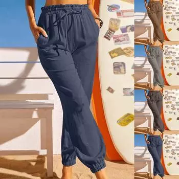 Модные женские однотонные леггинсы из конопли и хлопка с рюшами на шнуровке, эластичные повседневные брюки L тёмно-синий