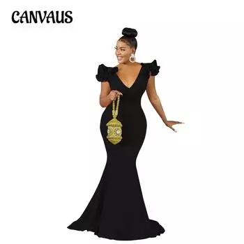 Модные женские однотонные платья с V-образным вырезом и длинными плечами без рукавов и цветочным принтом S чёрный