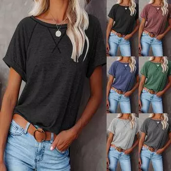 Модные женские однотонные повседневные свободные топы с коротким рукавом и круглым вырезом для отдыха XL