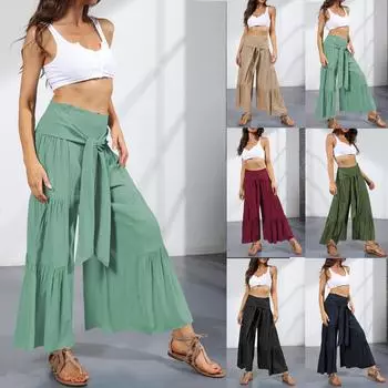 Модные женские однотонные повседневные удобные расклешенные широкие брюки пляжные плиссированные девятые брюки