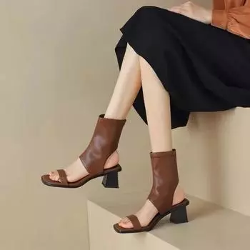 Модные женские однотонные сандалии в новом римском стиле, женские летние сандалии с квадратным носком и толстым каблуком, с открытым носком, без застежек и высоким берцем 35