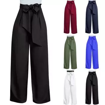Модные женские однотонные свободные и удобные повседневные широкие брюки с повязками L синий