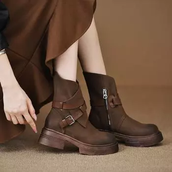 Модные женские осенне-зимние ботинки в британском стиле из мягкой кожи с толстой подошвой и круглым носком на толстом каблуке в стиле ретро с высоким каблуком 35 чёрный