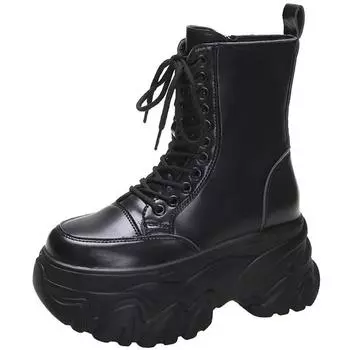 Модные женские осенне-зимние кожаные сапоги до середины голени на толстом каблуке 8,5 см, мотоциклетные сапоги, женские короткие сапоги на толстой подошве и высокой платформе 34 бежевый