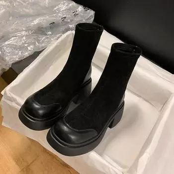Модные женские осенне-зимние новые модные универсальные толстые подошвы на высоком каблуке эластичные короткие сапоги 2024 женские круглые ретро-ботфорты 33