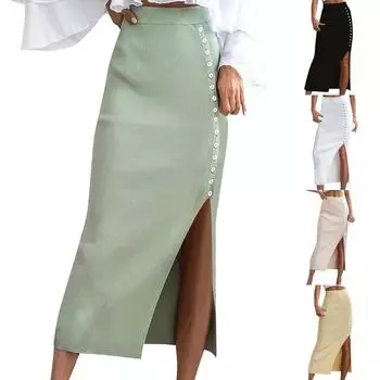 Модные женские осенние и зимние сексуальные вечерние однотонные юбки с разрезами на пуговицах M чёрный