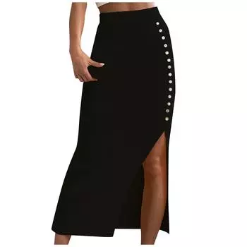 Модные женские осенние и зимние сексуальные вечерние однотонные юбки с разрезами на пуговицах M чёрный
