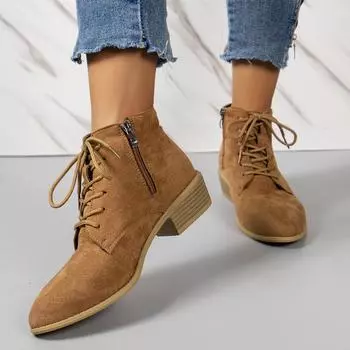 модные женские осенние короткие сапоги на блочном каблуке модные ботильоны из искусственной замши на шнуровке с заостренным носком женские сапоги на толстом каблуке 36 чёрный