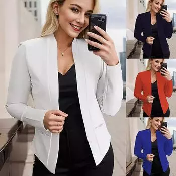 Модные женские осенние пиджаки с индивидуальным воротником, повседневные с длинными рукавами и карманами, однотонная шаль, женский пиджак S белый
