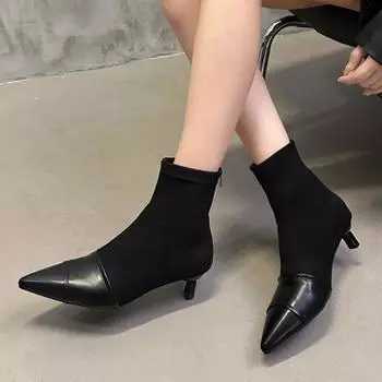 модные женские остроносые ботильоны на среднем каблуке, зима 2025, новый бренд, тренд, зимние ботинки «Челси», дизайнерские модные туфли-лодочки Botas Mujer 35 чёрный