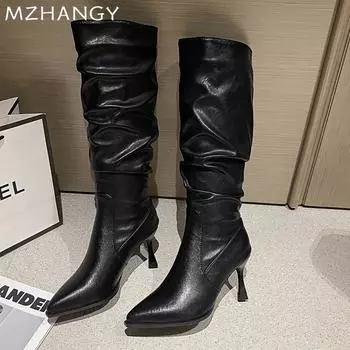 модные женские остроносые высокие сапоги из кожи до колена сексуальные туфли на высоком каблуке женские 2025 трендовые зимние элегантные туфли-лодочки челси ботинки Mujer 35 чёрный