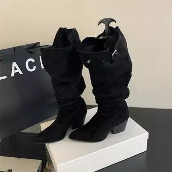 модные женские остроносые высокие сапоги трендовые туфли на толстом каблуке 2025 зимние новые замшевые челси дизайнерские плиссированные плюшевые зимние ботинки женские 35 чёрный