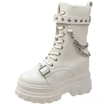 Модные женские панк-сапоги, модные массивные кожаные кроссовки, 10 см, клиновидная пряжка, заклепки, платформа, мотоциклетные ботильоны 34 бежевый