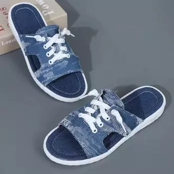 Модные женские парусиновые сандалии, дышащие летние тапочки, женские туфли на плоской подошве из искусственного денима со шнуровкой и открытым носком, Zapatos Mujer 36 синий