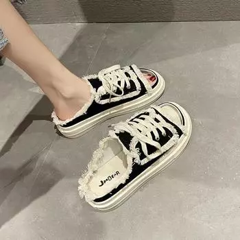 Модные женские парусиновые тапочки на плоской подошве, женская повседневная обувь на шнуровке, женские модные тапочки на платформе, женские джинсовые пляжные сандалии с открытым носком2024 35