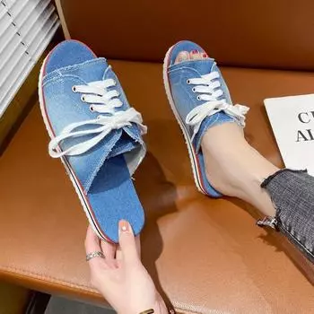 Модные женские парусиновые туфли на плоской подошве 2024 года, женские туфли на шнуровке с открытым носком, новые женские повседневные модные джинсовые пляжные туфли больших размеров 35-43 35 светло-синий
