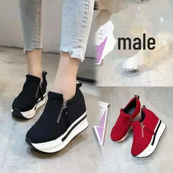 Модные женские парусиновые туфли на толстой подошве 2022 года — с круглым носком, молнией сбоку, на высоком каблуке, визуально увеличивающие рост. 189, 41 синий