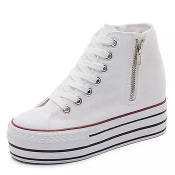 Модные женские парусиновые туфли с внутренней высотой, увеличивающие рост 2024, лето-осень, новый стиль, скейтборд, универсальные туфли на молнии с толстой подошвой 33 белый