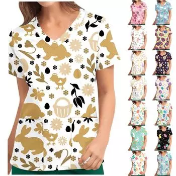 Модные женские пасхальные топы с v-образным вырезом и коротким рукавом, рабочая форма, карманная блузка M зелёный