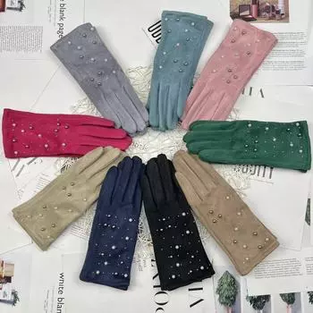 Модные женские перчатки из искусственной замши с ярким бриллиантовым жемчугом, термофлисовые перчатки для верховой езды и вождения One Size розы красного