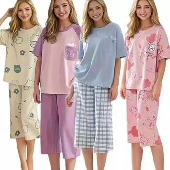 Модные женские пижамные комплекты, милые пижамы с мультяшным принтом, повседневная домашняя одежда, шорты средней длины с короткими рукавами, 2 шт., женские пижамы больших размеров S 30-40kg